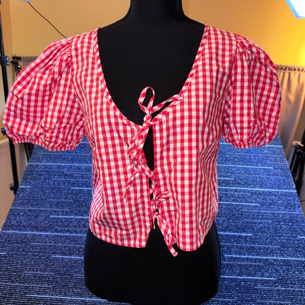 Abound Gingham Tie Front‎ Top Women M Red White NWOT Puff Sleeve Crop Blouse